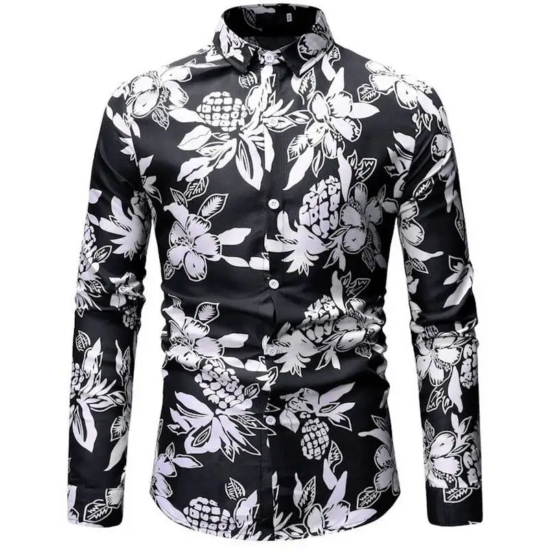 Новинка, весенне-летние мужские рубашки с цветочным принтом, приталенные мужские рубашки с этническими цветами и длинным рукавом, повседневные Модные мужские топы - Цвет: ML23 black