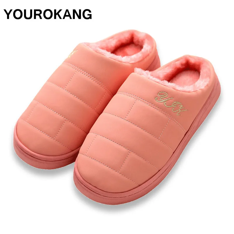 

YOUROKANG Couple Home Slippers PU Leather Winter Warm Plush Slipper Fashion Furry Cotton Shoes Indoor Bedroom Antiskid pantufa