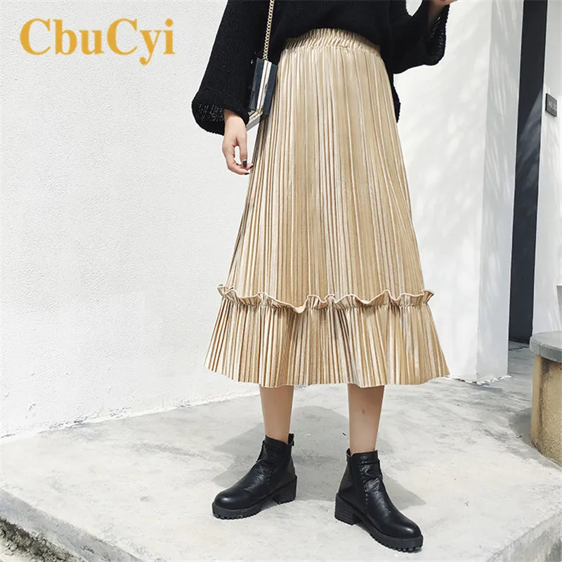 Женская бархатная плиссированная юбка осень зима мода империя элегантные юбки Женская Повседневная Эластичная талия миди юбки высокая талия