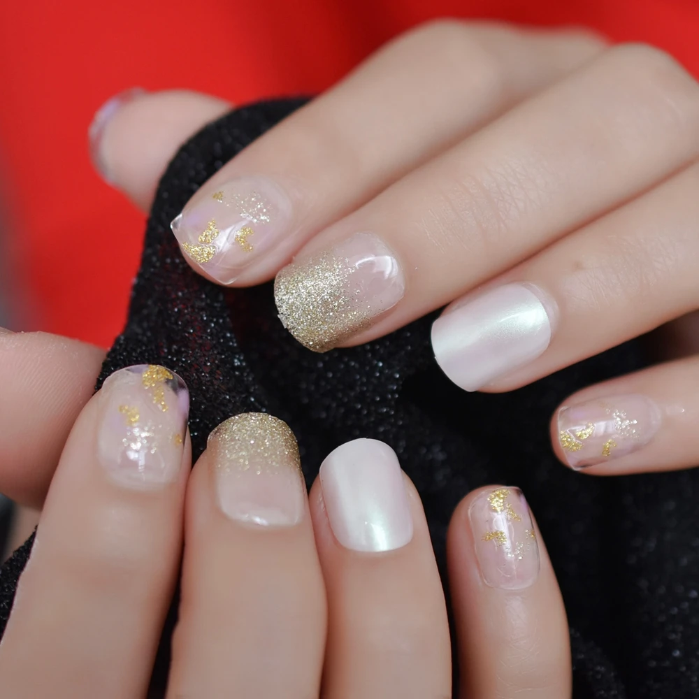

Shiny Platinum Gold Color Clear French False Nails Pearl White Artificial Fake Nails Full Cover Press on Short Nails Tips