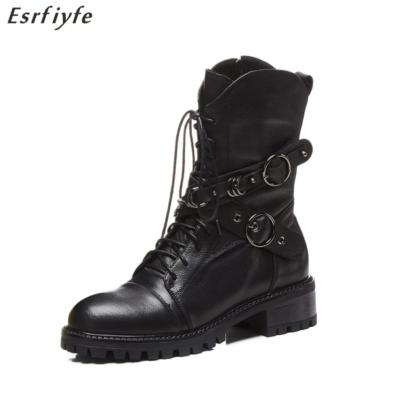 

ESRFIYFE New 2019 Genuine Leather Platform Ankle Boots Women Thick Heel Round Toe Martin Boots Side Zip Shoes Woman