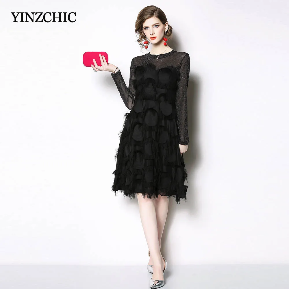 

Fashion Woman Black Mid Dress Feather Patched Female Elegant Party Dress A-line Knee-length for Woman OL Spring Dress Casual