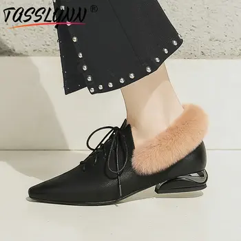 

TASSLYNN 2019 Women Pumps Fashion Pointed Toe Cow Leather Women Heels Casual Square Low Heels Fur Women Shoes Size 34-42