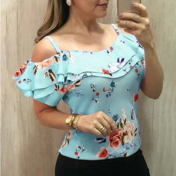 S-5XL Women's Off Shoulder Blouse 2019 Summer Flowers Print Oversized Tops Ladies Casual Ruffle Sleeve Loose Shirt Plus Size - 33022343425