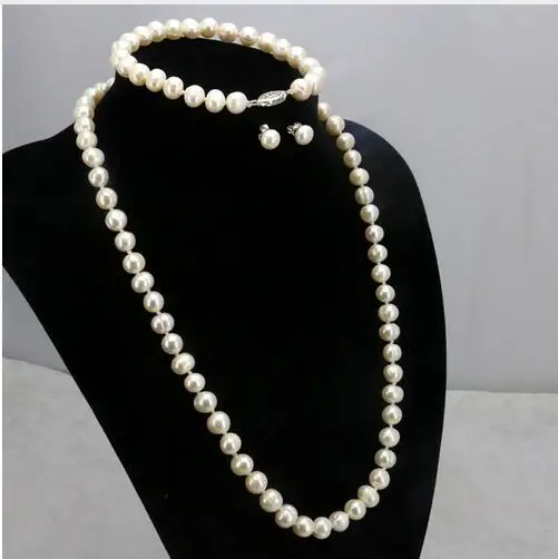 

Women Gift Freshwater White pearl necklace sets fish clasp 8-9mm necklace 18" bracelet 7.5" Eearring Golden Women jewelry maki