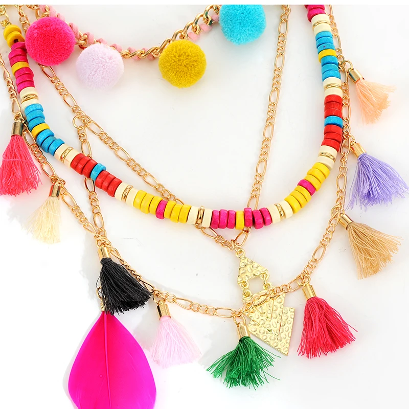 ZINI модное массивное длинное ожерелье-цепочка в богемном стиле с кисточками, перьями и пушистыми шариками, простые ожерелья