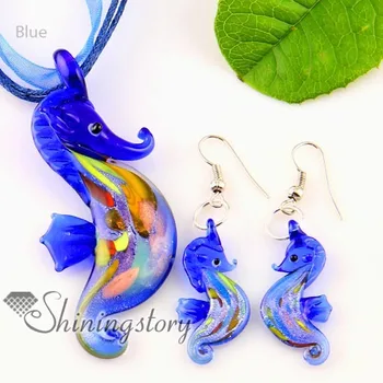 

sea horse silver foil blown lampwork murano glass pendants and earrings jewelry sets cheap fashion jewellery