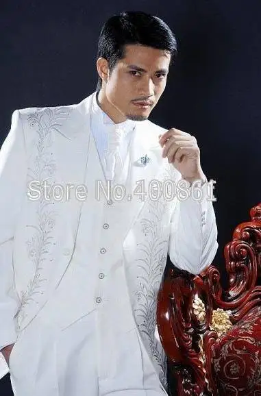 Price Offer for  Classic Style White Embroidery Groom Tuxedos Groomsmen Men's Wedding Prom Suits Custom Made (Jacket