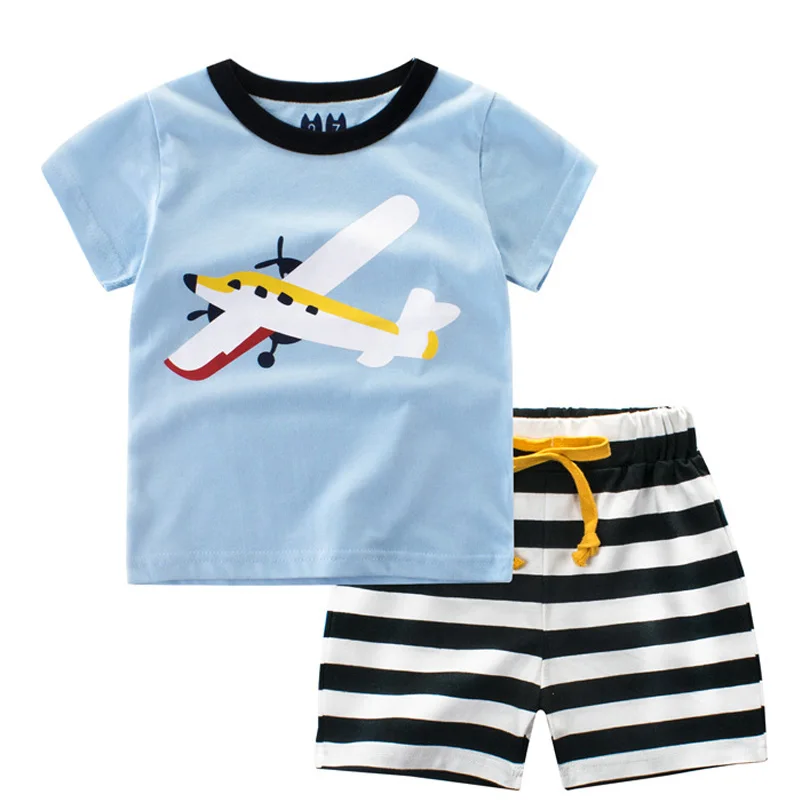 Summer Clothing Set for Boys Cartoon Aircraft T-Shirt Stripe Shorts 2PCS Outfit Set
