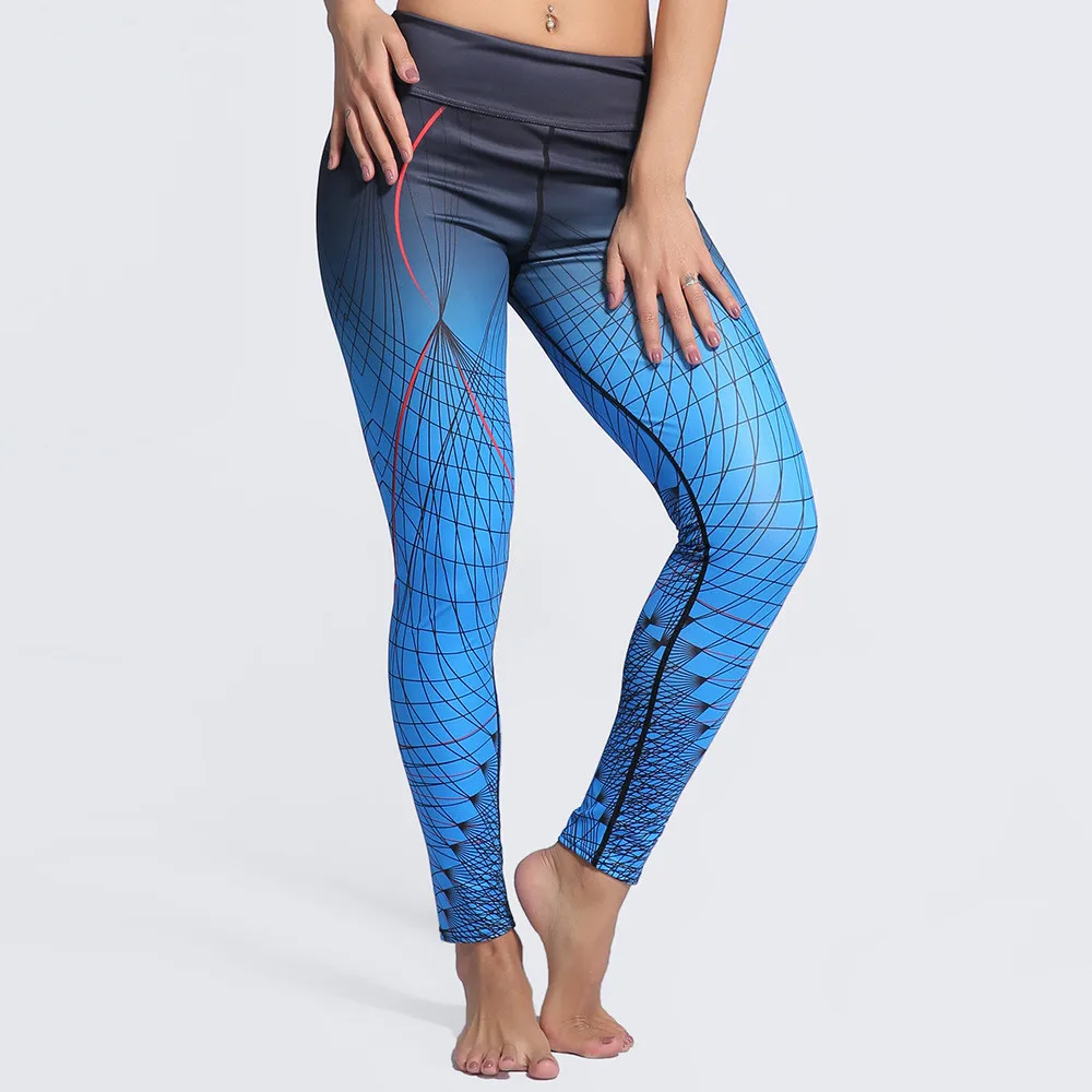 

Women Flexible Blue Gradient Lines Tight Pants Workout Gym Training Running Yoga Sport Fitness Exercise Leggings Dropshipping