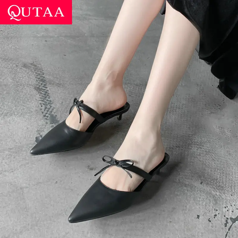 

QUTAA 2019 Women Sandals Cow Leather Hollow Thin Med Heel Slingback Butterfly-Knot Pointed Toe Casual Slippers Summer Size 34-41