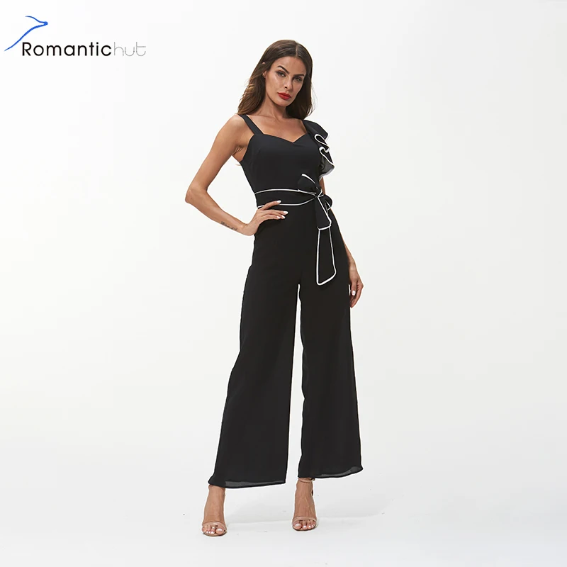 Black Ruffle Bow Tie Belt Jumpsuit Women Strap Sleeveless Summer