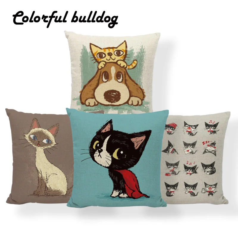 

Siamese Cat Raccoon Cushion Letter Dog Blue Pillow Cover Lightning Boho Room Waist Support Dakimakura 43Cm Burlap Hand Painted