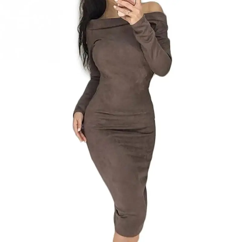 

Suede Long Sleeve off shoulder Women mid-calf Dress 2018 Autumn Winter Female sexy Bodycon new year party Dresses