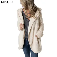 MISAUU 2018 Women Jack Coat Autumn Long Sleeve Hooded Fleece Coat Jacket Casual Pocket Kimono Female Loose Open Front Outwear patch pocket open front fuzzy coat