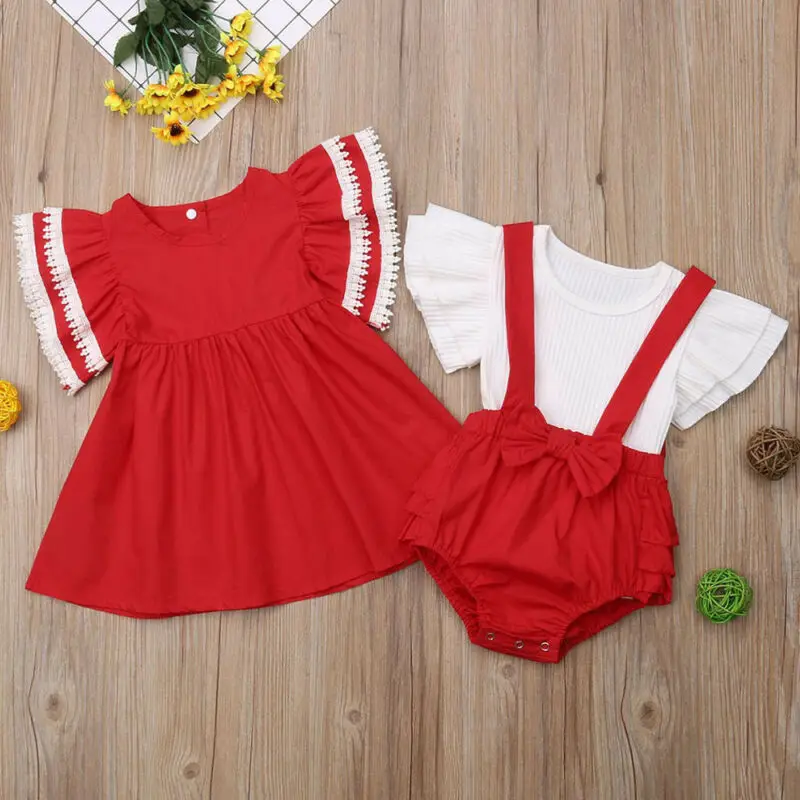 

2019 New Summer Family Sister Matching Outfits Christmas Sister Match Kid Baby Girls Ruffle Dress Tops Bib Pants Xmas Outfits