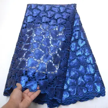 

New fashion Blue Handcut High Quality African lace fabric Swiss voile 100% cotton organza lace fabric with sequins stones HYJK54