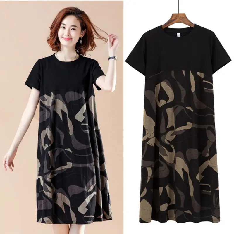 2019 женское платье с рукавами, свободные платья с круглым вырезом, Vestidos, плюс поступление, футболка, Короткий Летний принт, размер
