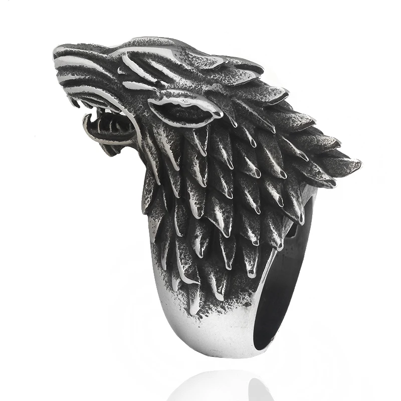 

2017 Game of Thrones Ice Wolf House Stark Of Winterfell Biker Animal Ring Fashion Jewelry