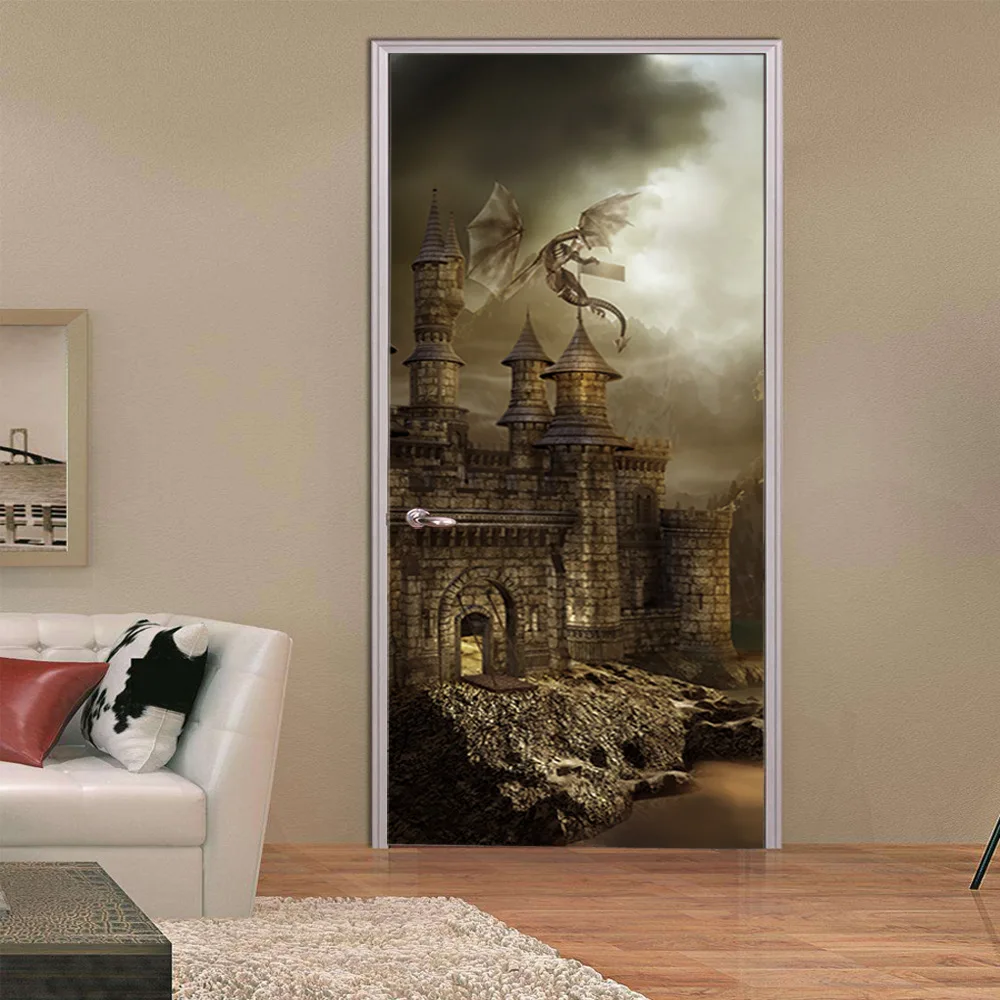 3D Дракон Летающий на ретро Europeon замок двери наклейки для Гостиная Спальня виниловые клеящиеся обои подарки детей наклейка на дверь космос