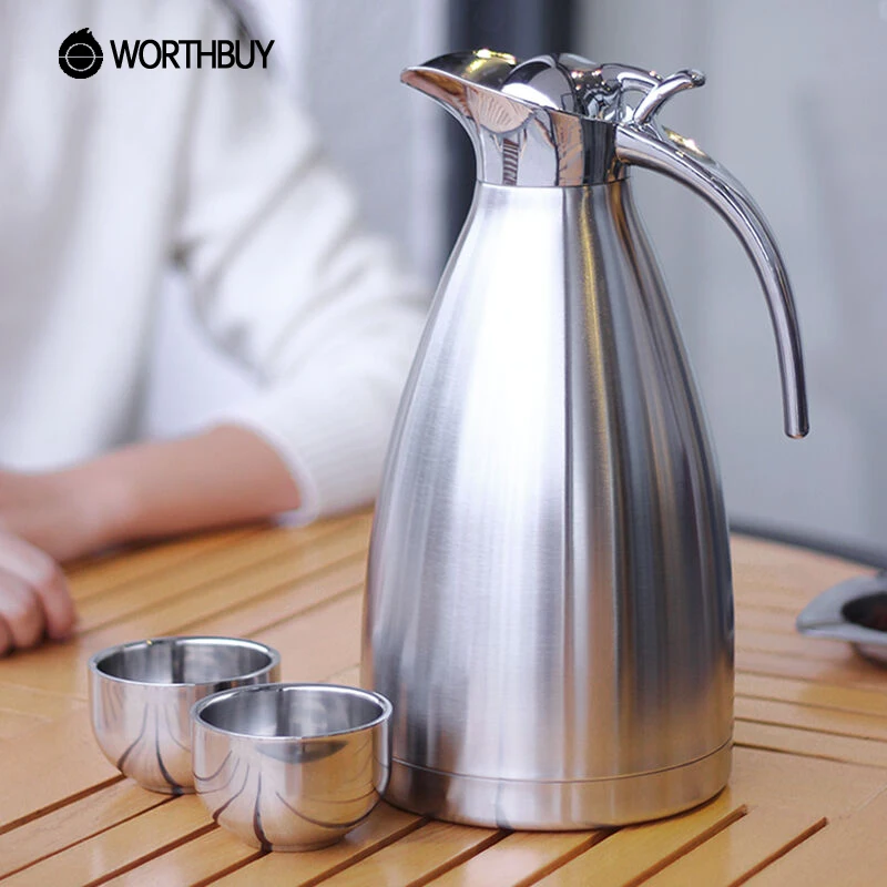 WORTHBUY 2000ml Stainless Steel Thermal Kettle Large Capacity Thermal Water Bottle Pot Vacuum Insulation Flask Camping