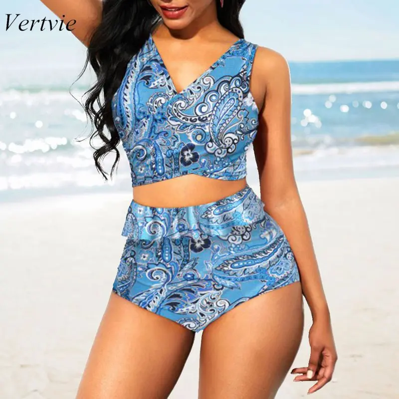 

Vertvie Summer Swimwear Plus Size Two Piece Bikini Set Low Cut Bathing Suit Floral Print Plus Size Women Ruffle Swimsuit 2019