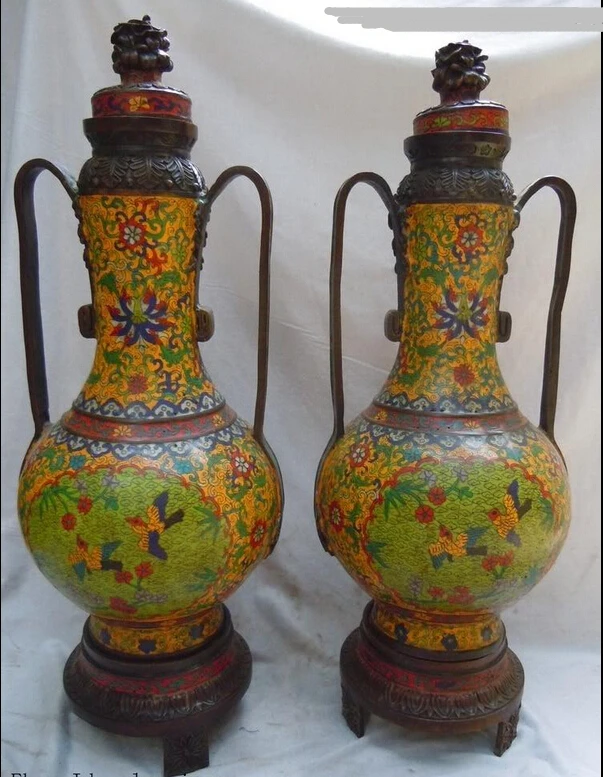 

004206 23" China pure bronze cloisonne carved flower bird Vases pair Sculpture statues