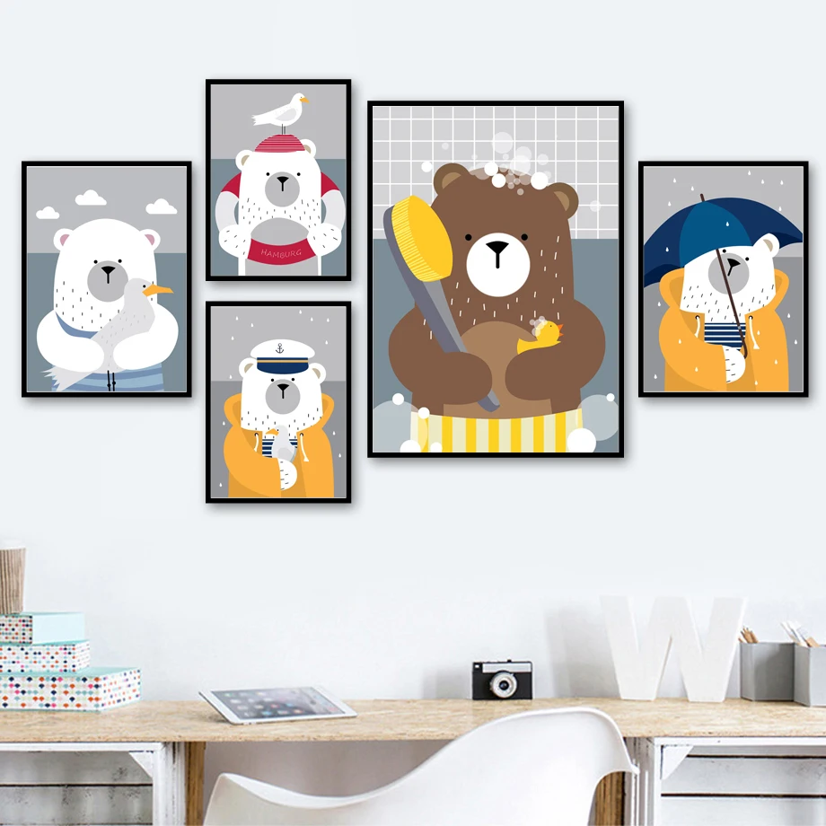 

Bathing Bear Umbrella Seagull Nursery Wall Art Print Canvas Painting Nordic Posters And Prints Wall Pictures For Kids Room Decor