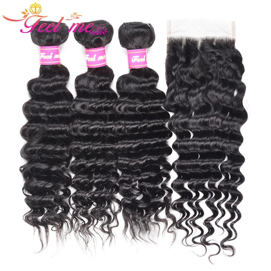 

FEEL ME Peruvian Deep Wave Bundles With Closure Human Hair Bundles With Closure Natural Color 3 Bundles Remy Hair With Closure