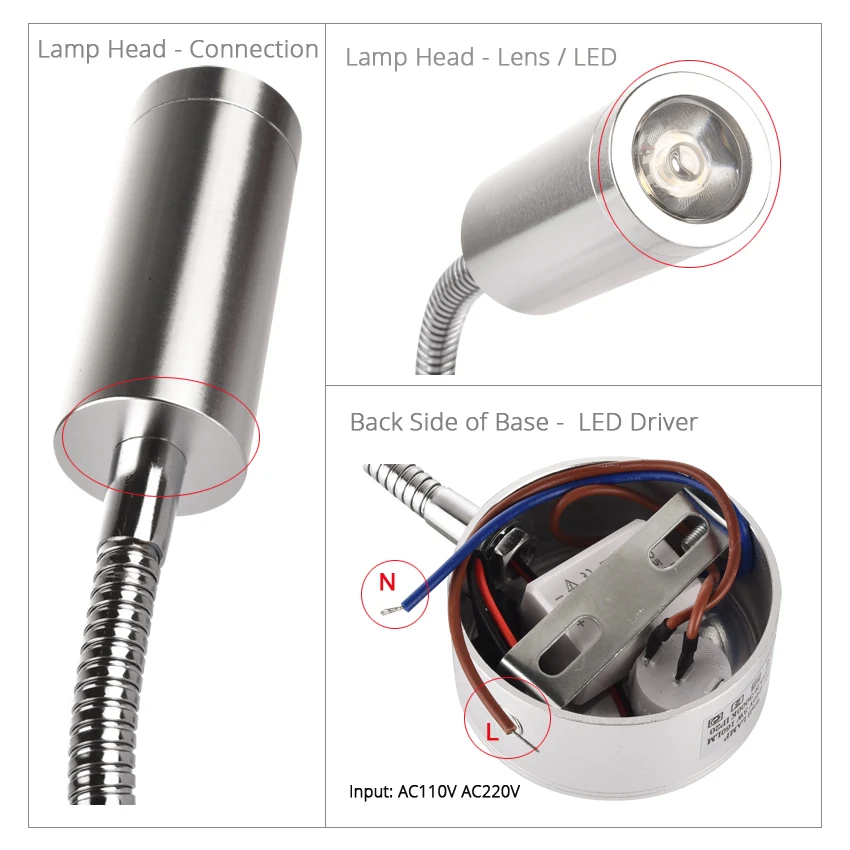  Wall lamp 3W Home Hotel Loft Bedside Reading Book Light Black Silver Light Flexiable ON/OFF Switch  - 32847893048