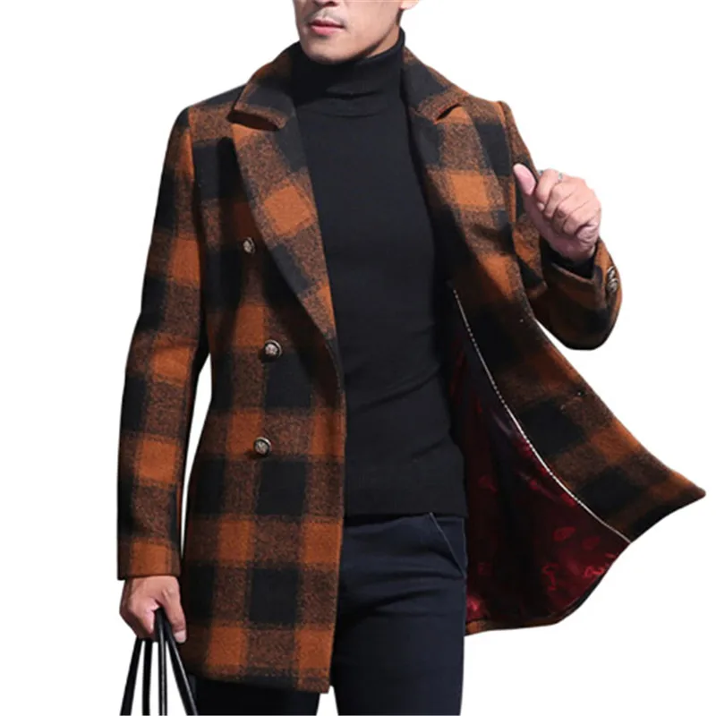 

2019 Autumn Winter Fit Fashion Orange Plaid Woolen Coat Double Breasted Plaid Wool Coat Men Long Length Casual Style Slim