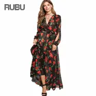 Cheap RUBU Summer Womens Long Maxi Dress New Arrival Ladies Boho V-neck Hollow Long Sleeve Split Rose Flowers Tropical Print Dresses