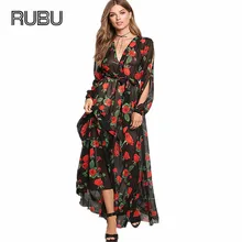 RUBU Summer Womens Long Maxi Dress New Arrival Ladies Boho V-neck Hollow Long Sleeve Split Rose Flowers Tropical Print Dresses