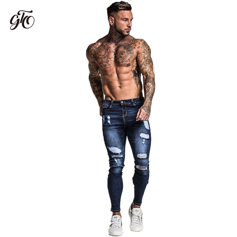 Gingtto Men's Skinny Stretch Repaired Jeans Dark Blue Hip Hop Distressed Super Skinny Slim Fit Cotton Comfortable Big Size zm34