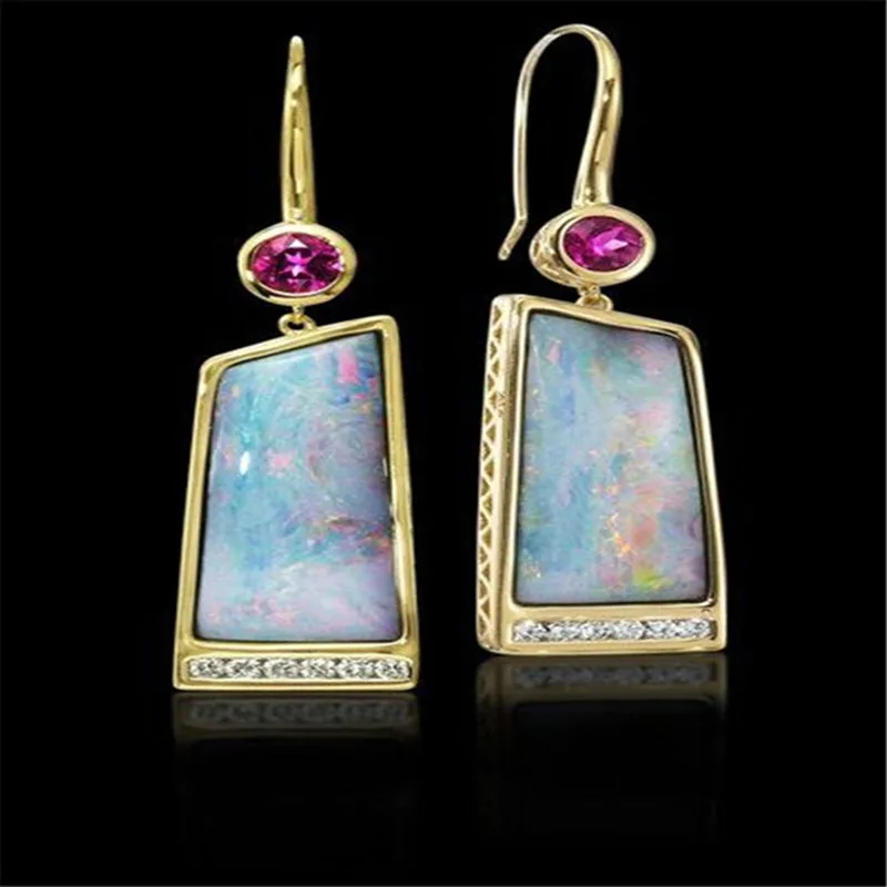 

New Trendy Colorful Stone Drop Earrings Luxury Yellow Gold Color Art Features Earrings for Women Statement Jewelry Gifts L5P031