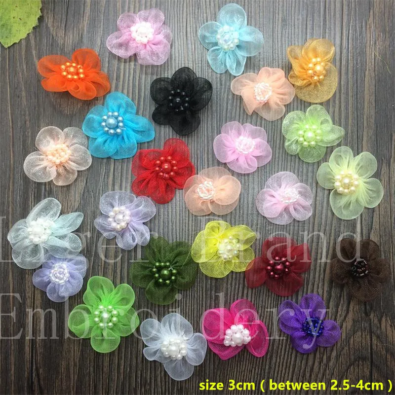 

5 pcs/pk Random assorted color Organza Beaded Flower patches fabric clothing bag tshirt holiday Jeans Coat Decor repair Applique