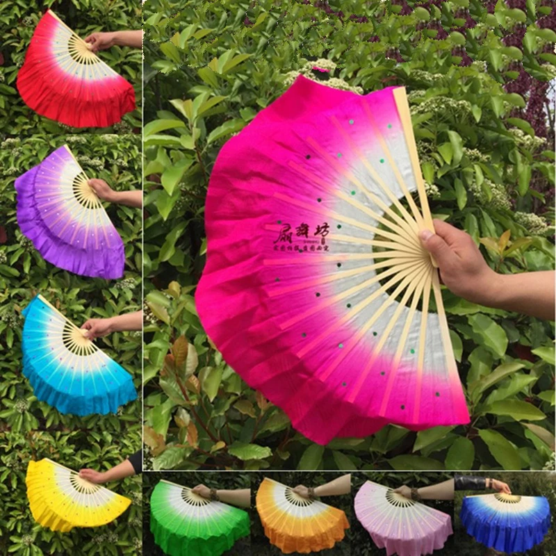 

Новинка, детские размеры, натуральный шелк, Фата для Танцев Живота, бамбук, ручная работа, крашеные вентиляторы, реквизит для сцены, шелковые вентиляторы, 1 пара = 2 предмета, 10 видов цветов