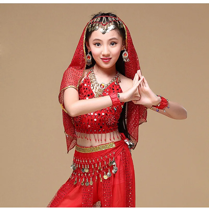 2017 Indian Sari Children Indian Dance 5-piece Costume Set (Top, Belt, Skirt and Head Pieces) Kids Bollywood Dance 4 colors  (4)
