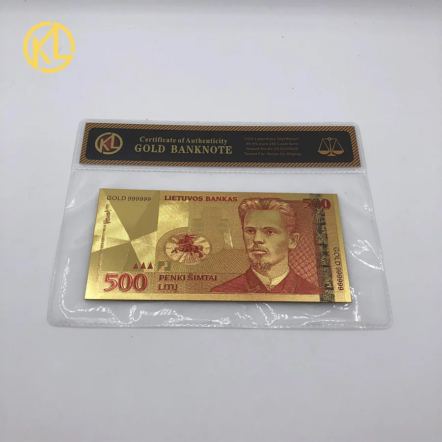 

Currency Republic of Lithuania Bank Note Plated 500 Golden 99.9% Pure Gold Banknote Wholesale