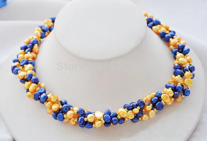 

4row 18" blue yellow baroque Freshwater cultured pearl necklace