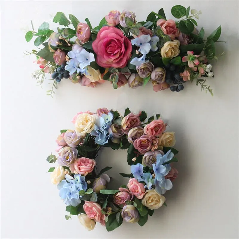 

Flone Artificial Rose Flower Wreath Berry Wreath Simulation Rose Bud Wreath Garland Wedding Home Door Hanging Decoration Wreath