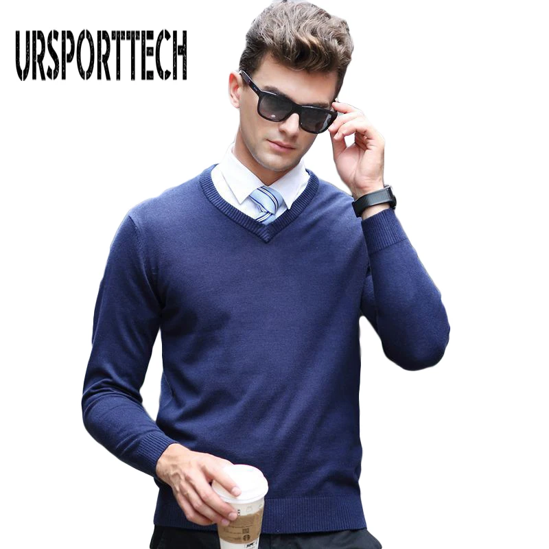 

Plus Size M-3XL men sweater Autumn Winter 2019 Brand Casual Pullover Men Slim Fit V Neck Patchwork Quality Knitted Male Sweaters