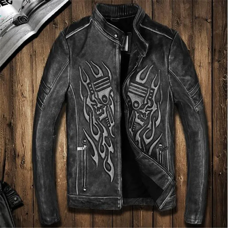 Xiu Luo бренд Новые панк черепа кожаные мотоциклетные куртки черный воротник-стойка натуральная коровья кожа Slim Fit Мужские Зимние байкерские куртки - Цвет: Make Old Ash