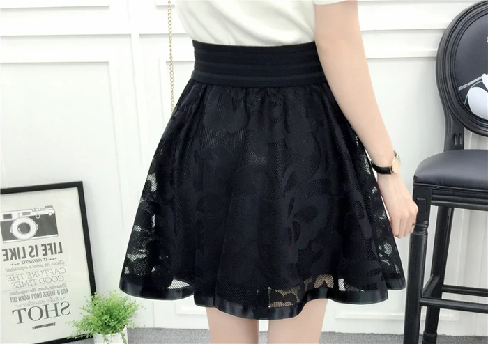 Tulle Skirt High Waist New Summer Women Black Mesh Beading Sweet Mini School Skirt Elastic Waist Tutu Skirt