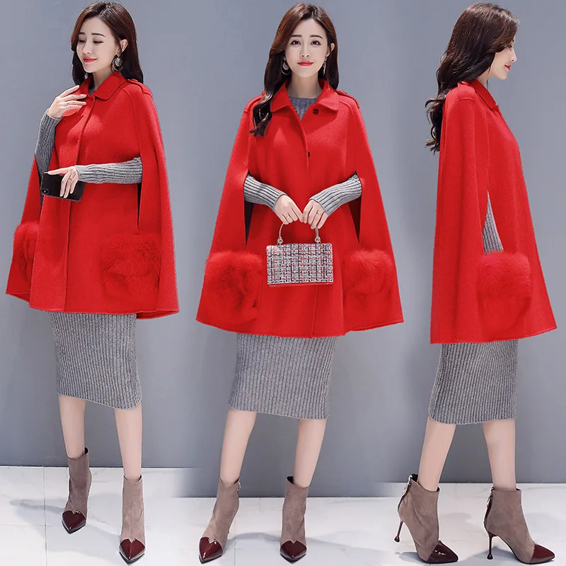 2018 New Autumn Mid Wool Cape Coat Women Korean Style A Line Cloak Coats Fashion Turn Down Collar Abrigos Mujer Elegante Pink 2018 New Autumn Mid Wool Cape Coat Women Korean Style A Line Cloak Coats Fashion Turn Down Collar Abrigos Mujer Elegante Pink