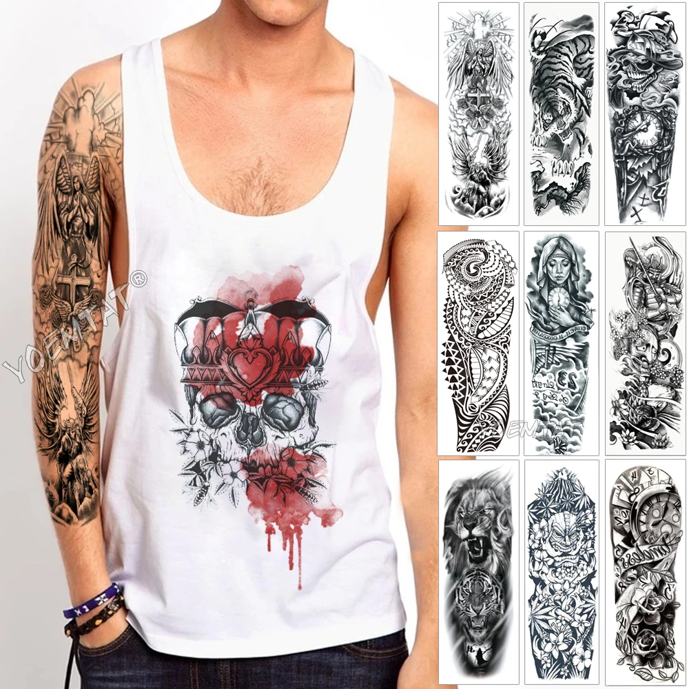 

Large Arm Sleeve Tattoo Cross Rose Halo Angel Waterproof Temporary Tattoo Sticker Victory Warrior Men Full Cloud Tattoo Body Art