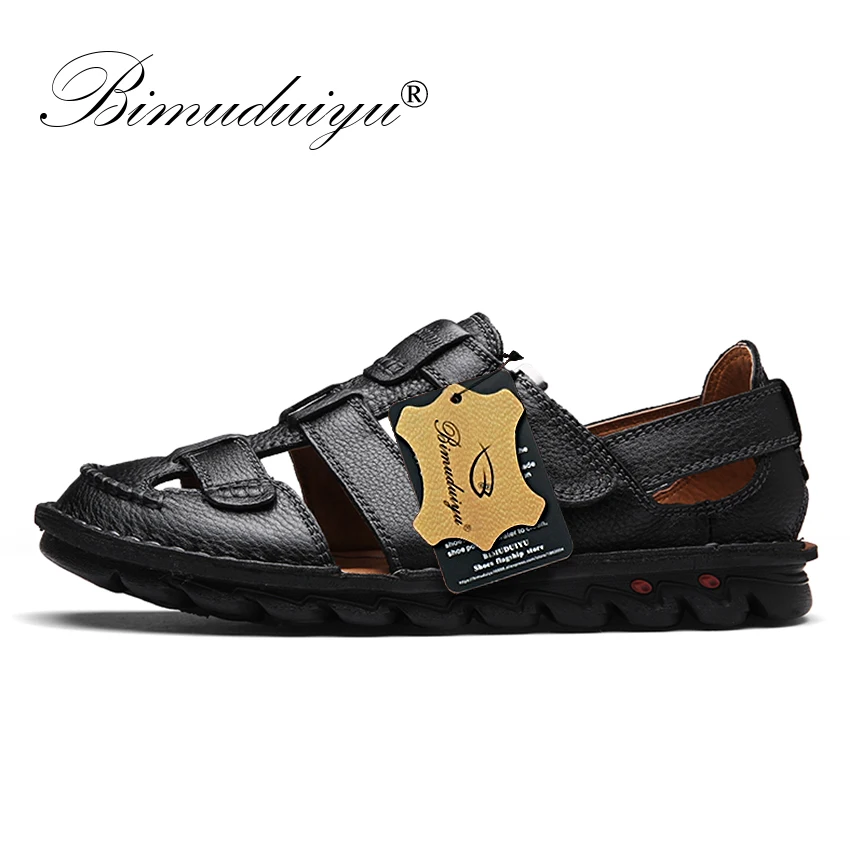BIMUDUIYU Brand Genuine Leather Summer Men's Sandals Casual Beach Shoes Quality Roman Sandalias Soft Sole Sandals Plus Size 48