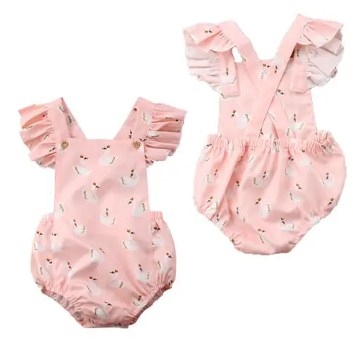 New Kids Girl Pink Swan Sleeveless Bodysuits Summer Baby Girls Bodysuit