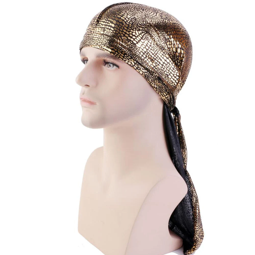 

2019 New Long Tail Cap Captain Skull Printing Pirate Hat Skeleton Crocodile Pattern Golden Black Turban For Men Women Headwear
