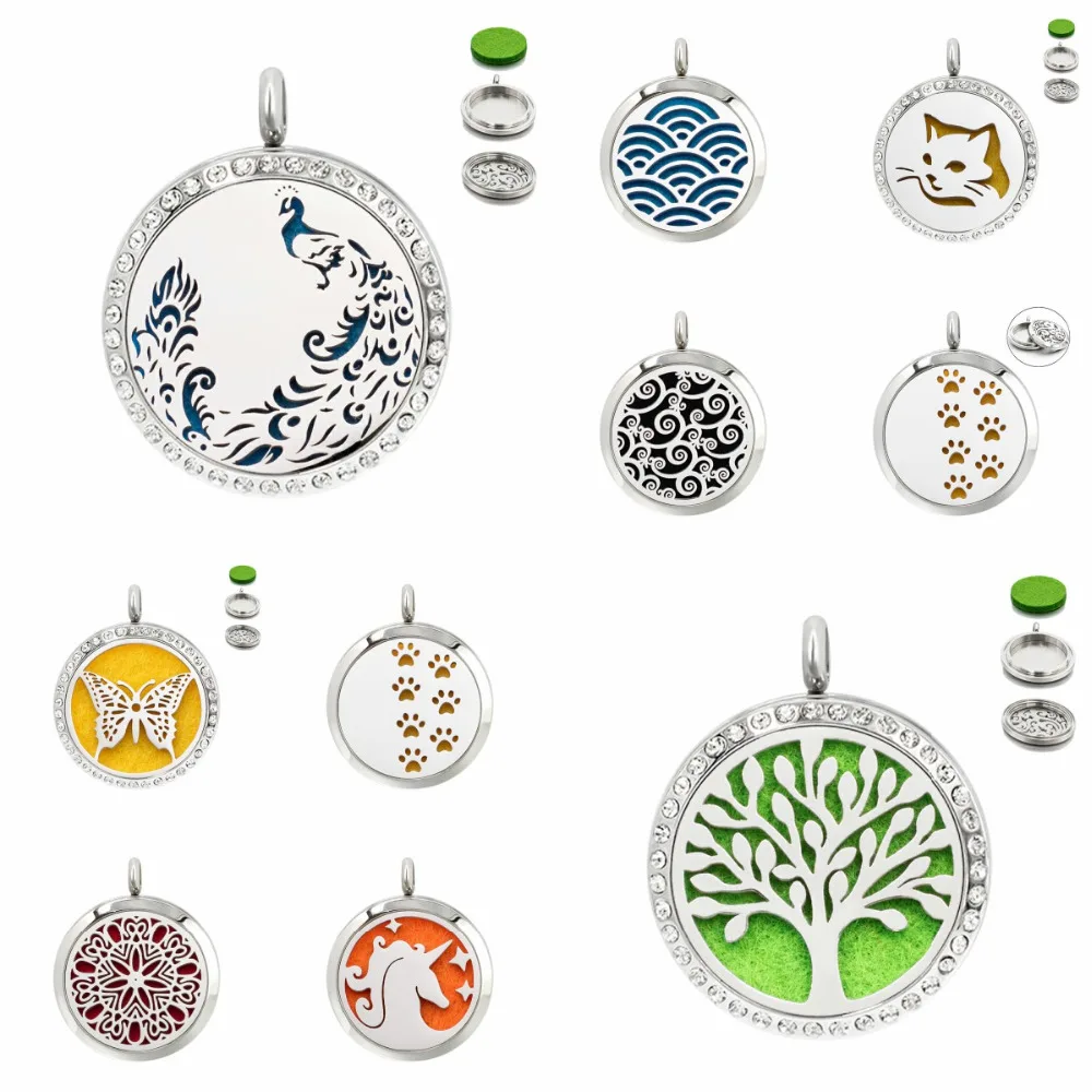 

Tree of life peacock 30mm diffuser locket Perfume pendant unicorn 316 L Stainless Steel with 10pad random without necklace chain